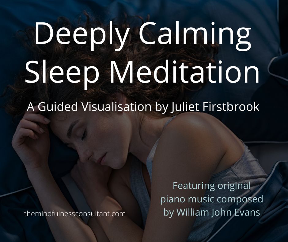 Cover of a sleep meditation with the words, Deeply Calming Sleep Meditation by Juliet Firstbrook